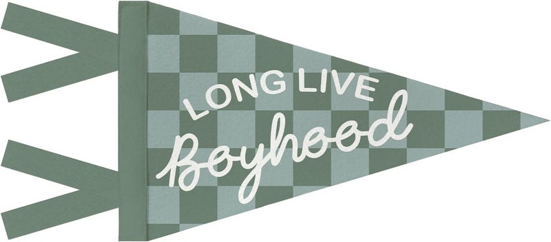 JXREQ Long Live Boyhood Pennants Banners Flags for Kids Boys Room Decor, Retro Green and Grey Checkered Canvas Wall Art Decor for Kids Toddler Room Nursery Playroom, 8x17 Inch - Image 1